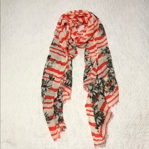 J Crew Orange & Cream Stripe Floral Scarf